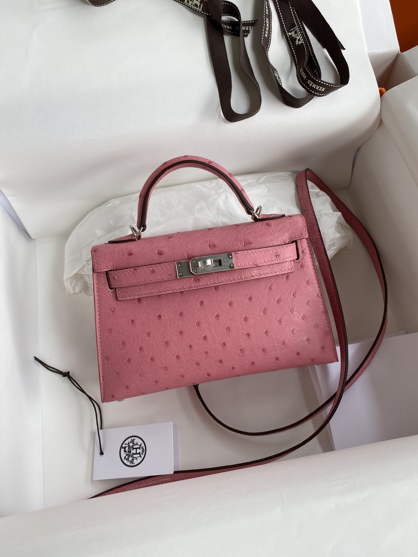 Hermes Kelly Mini II Bag 19CM In Pink Ostrich Leather